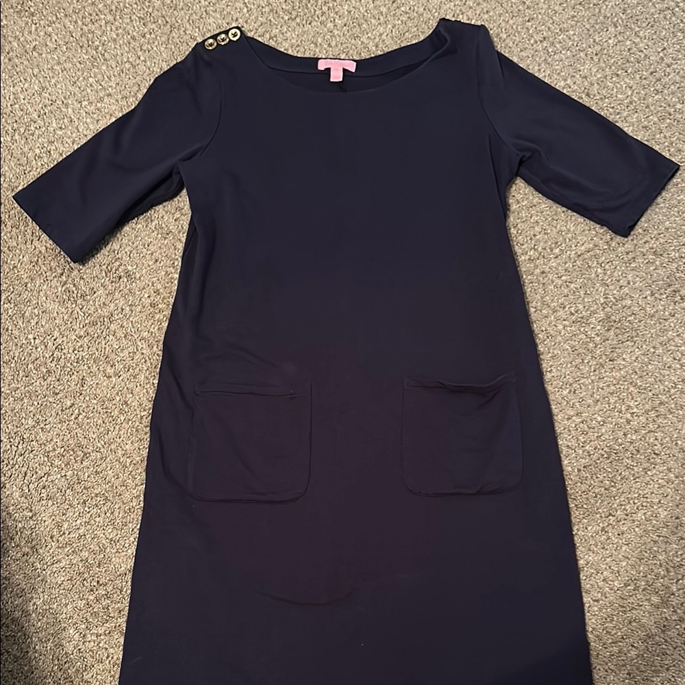 Lilly Pulitzer Blue Sheath Dress Asymmetrical Neckline 3/4 Sleeve